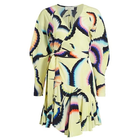A.L.C. Enzo Printed Flounce Wrap Mini Dress Silk 6 - Picture 1 of 12